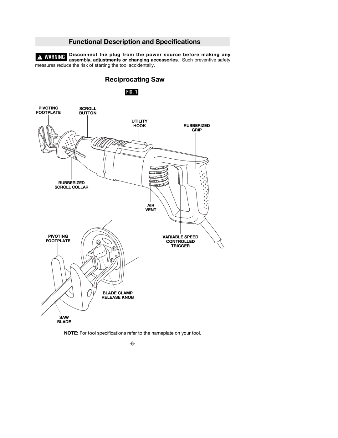 Bosch Power Tools RS5 manual Functional Description and Specifications, Reciprocating Saw 