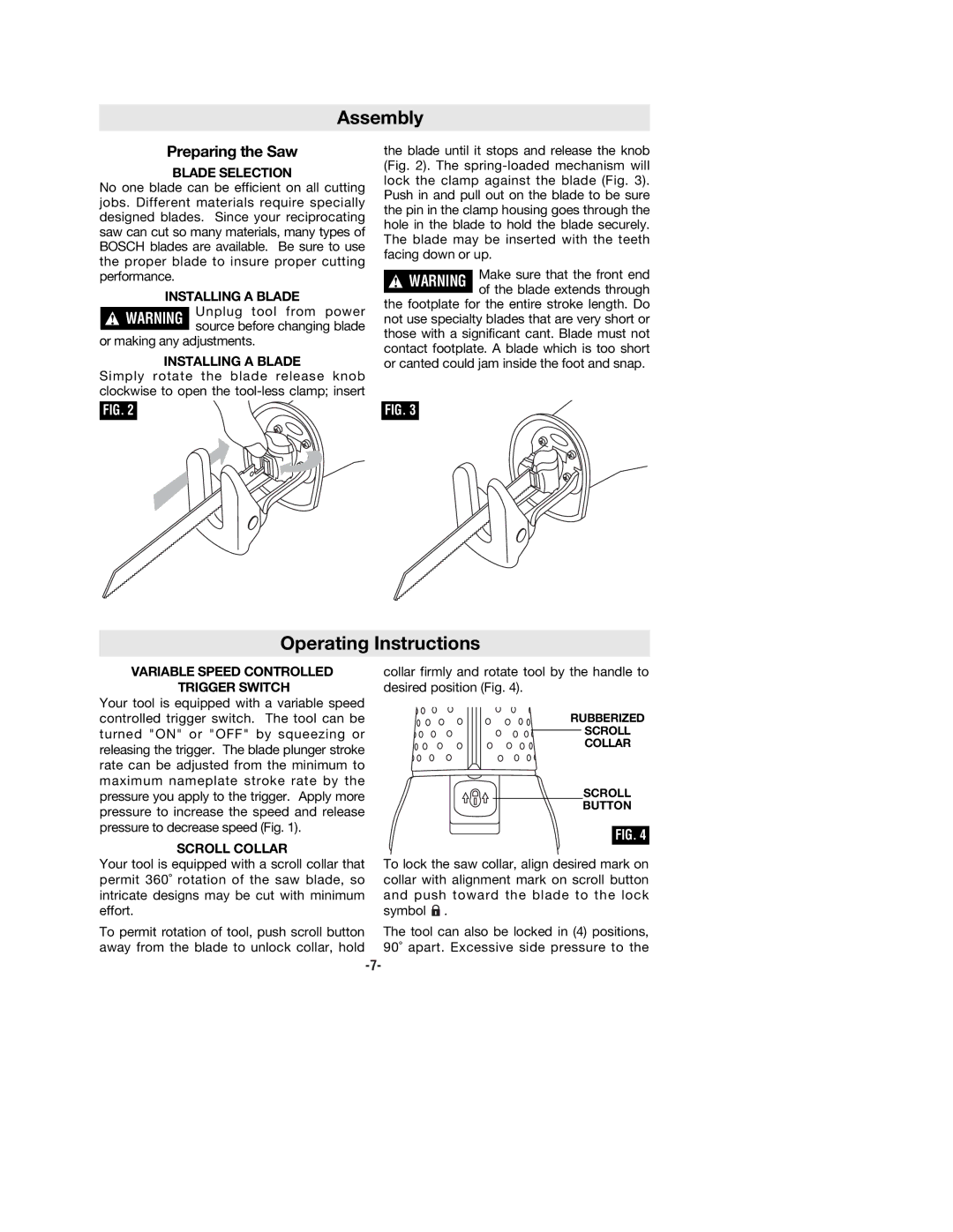 Bosch Power Tools RS5 manual Assembly, Operating Instructions, Preparing the Saw 