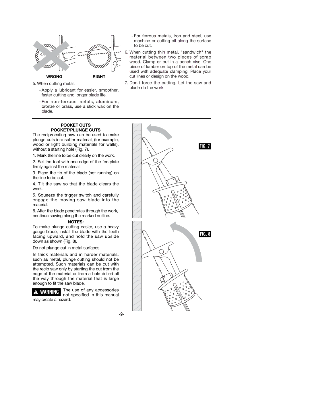 Bosch Power Tools RS5 manual Wrongright, Pocket Cuts POCKET/PLUNGE Cuts 