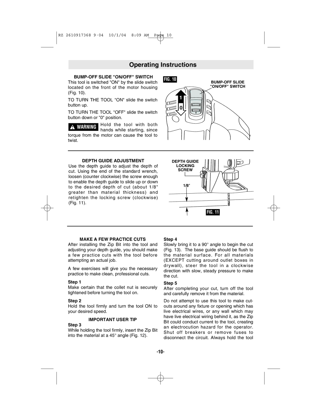 Bosch Power Tools RZ25 Operating Instructions, BUMP-OFF Slide ON/OFF Switch, Depth Guide Adjustment, Important User TIP 