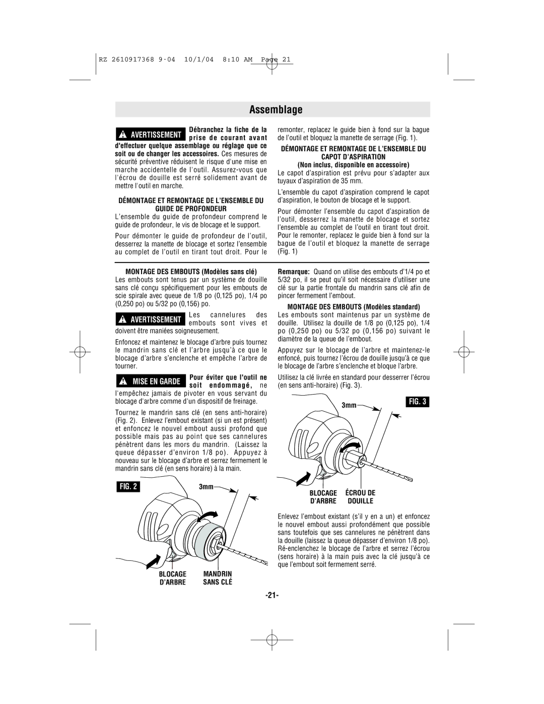 Bosch Power Tools RZ1 Assemblage, Guide DE Profondeur, Démontage ET Remontage DE L’ENSEMBLE DU Capot D’ASPIRATION, Blocage 