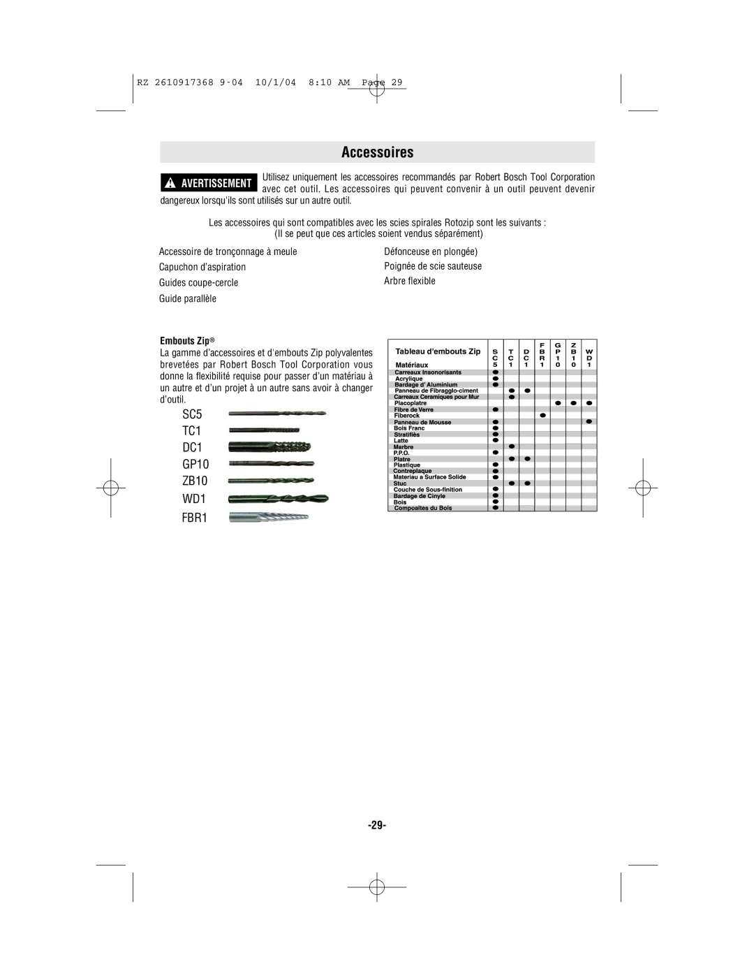 Bosch Power Tools RZ1, RZ25 manual Accessoires, Embouts Zip 