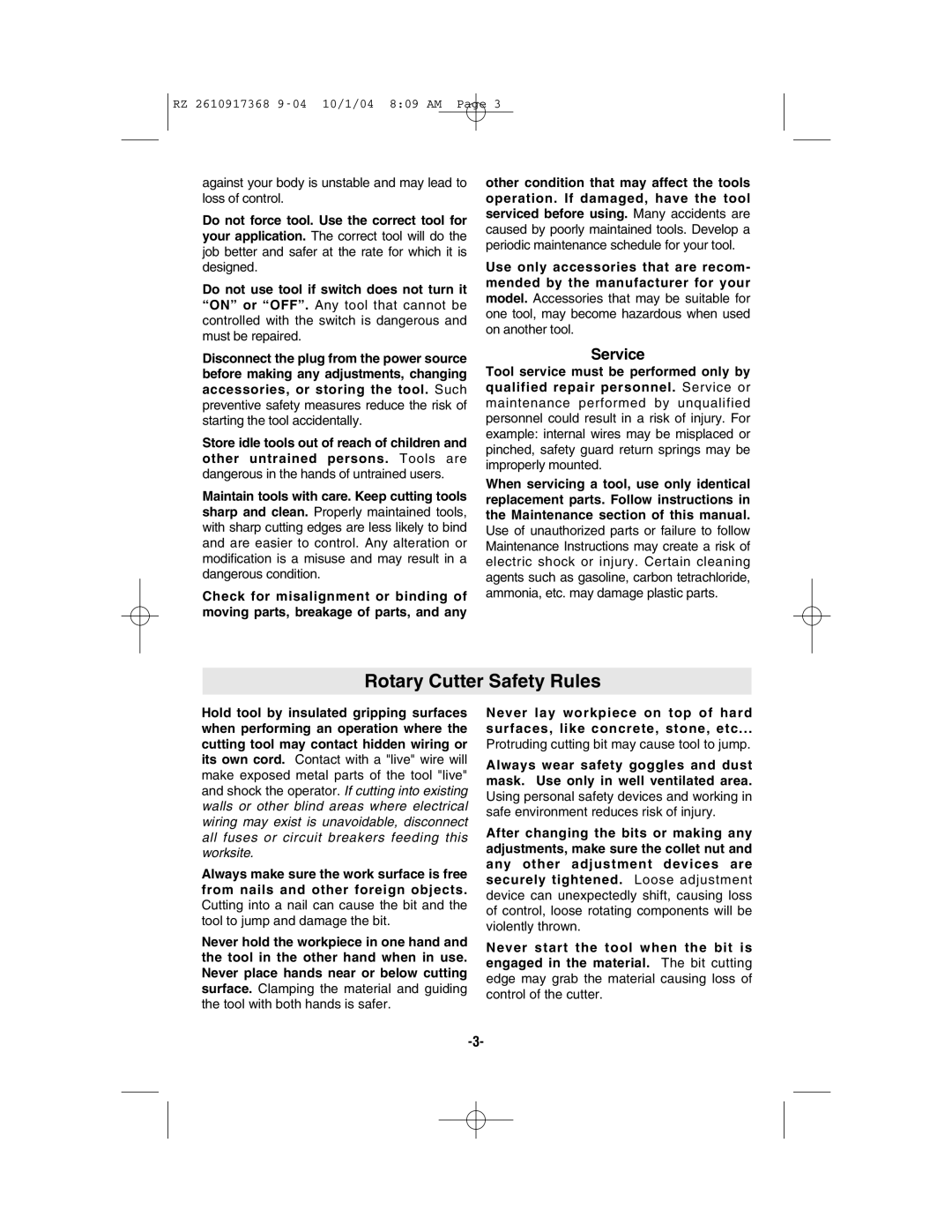 Bosch Power Tools RZ1, RZ25 manual Rotary Cutter Safety Rules, Service 