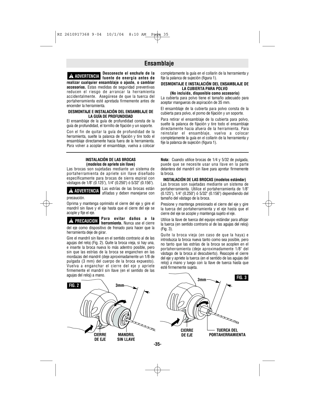 Bosch Power Tools RZ1, RZ25 manual Ensamblaje, LA Guía DE Profundidad, Cierre, De Eje, Tuerca DEL Portaherramienta 