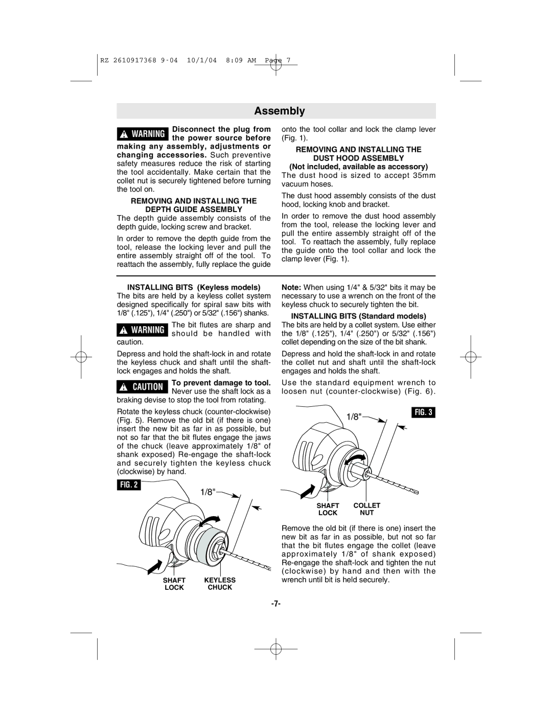 Bosch Power Tools RZ1, RZ25 Removing and Installing Depth Guide Assembly, Removing and Installing Dust Hood Assembly 