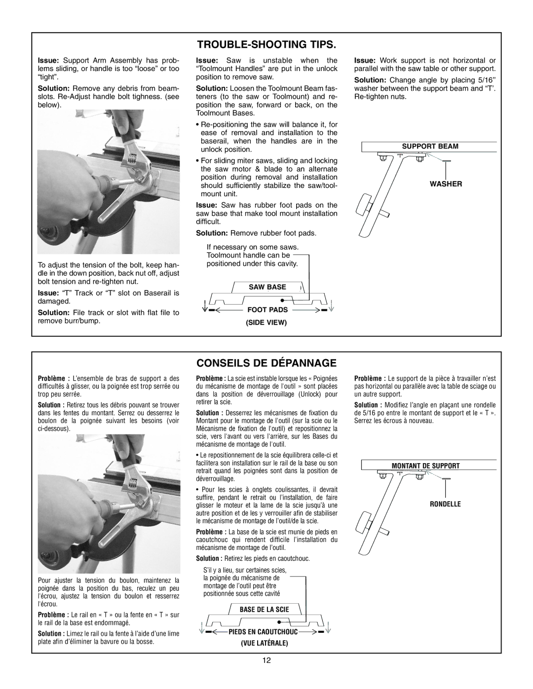 Bosch Power Tools T3B manual TROUBLE-SHOOTING Tips, Conseils DE Dépannage 