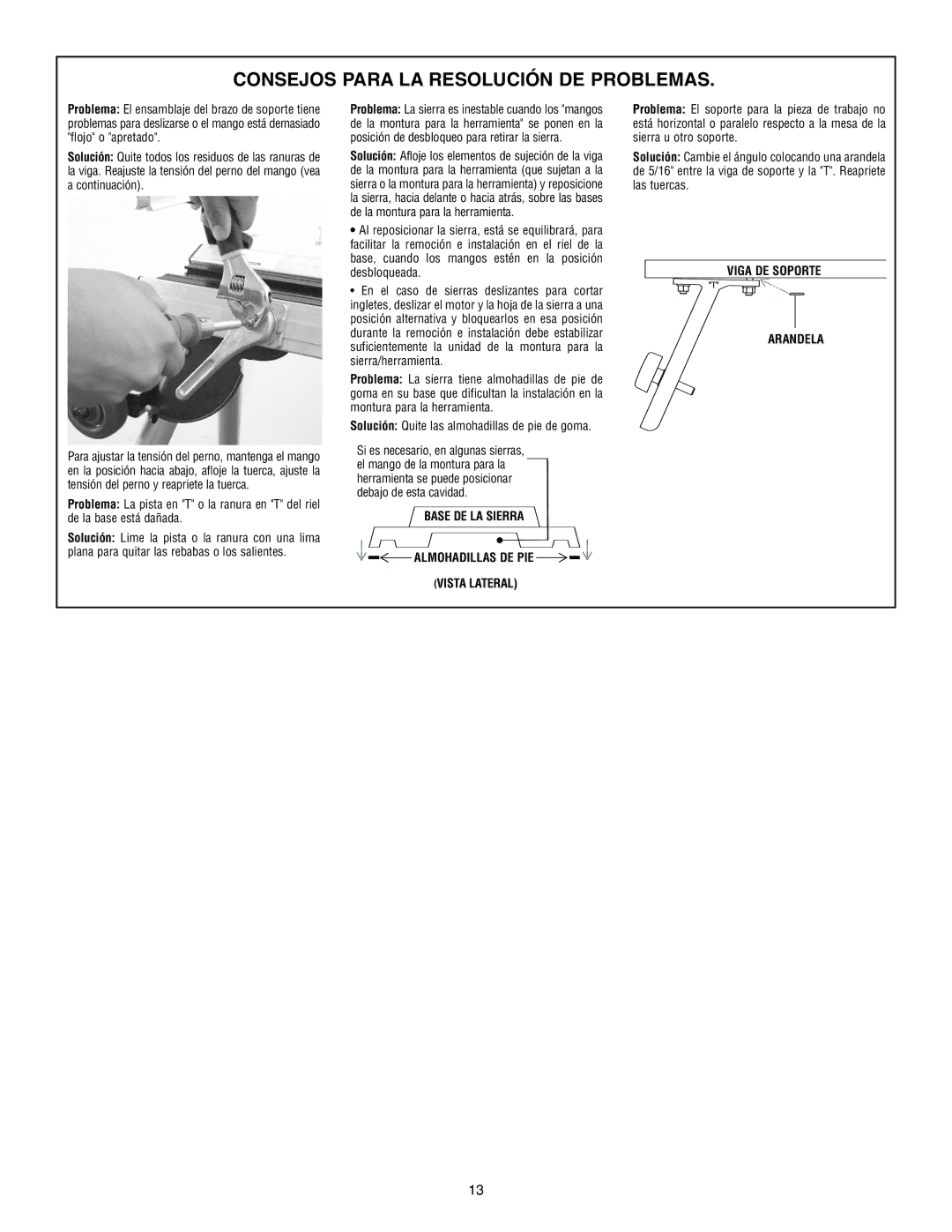 Bosch Power Tools T3B manual Consejos Para LA Resolución DE Problemas, Base DE LA Sierra Almohadillas DE PIE Vista Lateral 