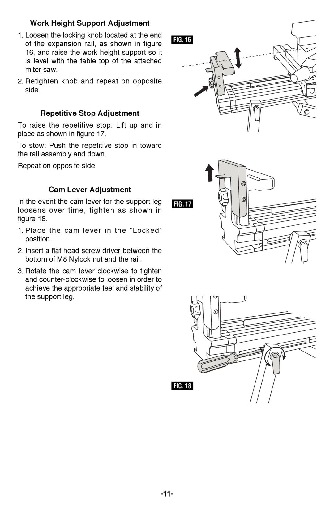 Bosch Power Tools T4B manual Work Height Support Adjustment, Repetitive Stop Adjustment, Cam Lever Adjustment 