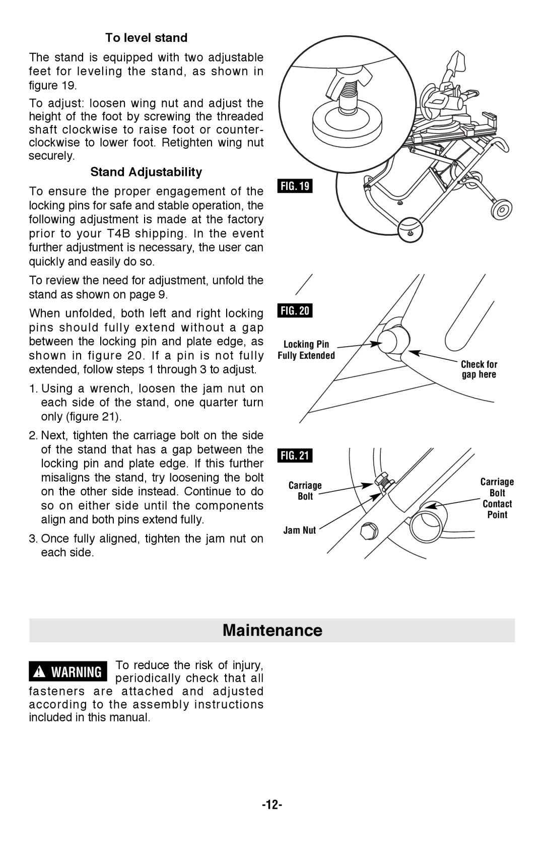 Bosch Power Tools T4B manual Maintenance, To level stand, Stand Adjustability 