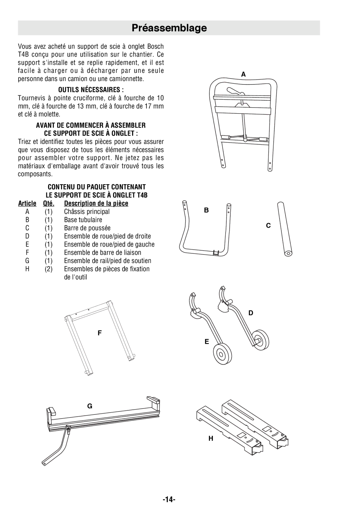 Bosch Power Tools T4B manual Préassemblage, Outils Nécessaires, Avant DE Commencer À Assembler CE Support DE Scie À Onglet 