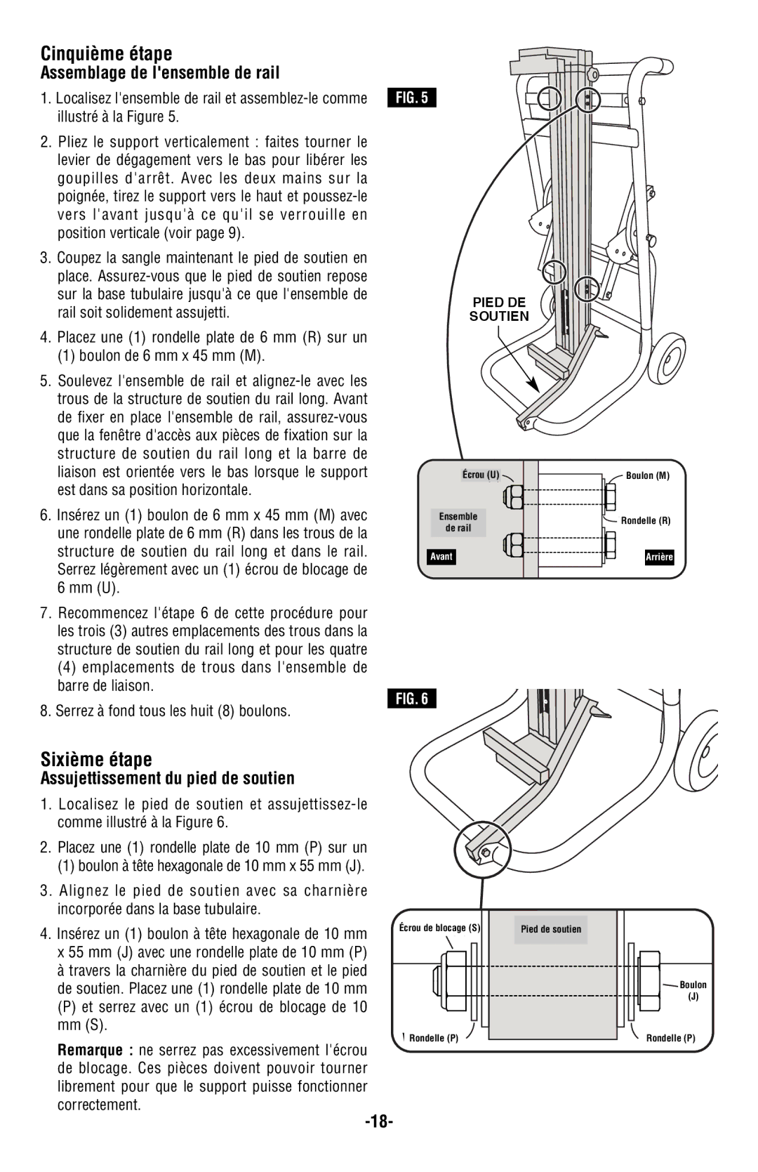 Bosch Power Tools T4B Cinquième étape, Sixième étape, Assemblage de lensemble de rail, Assujettissement du pied de soutien 