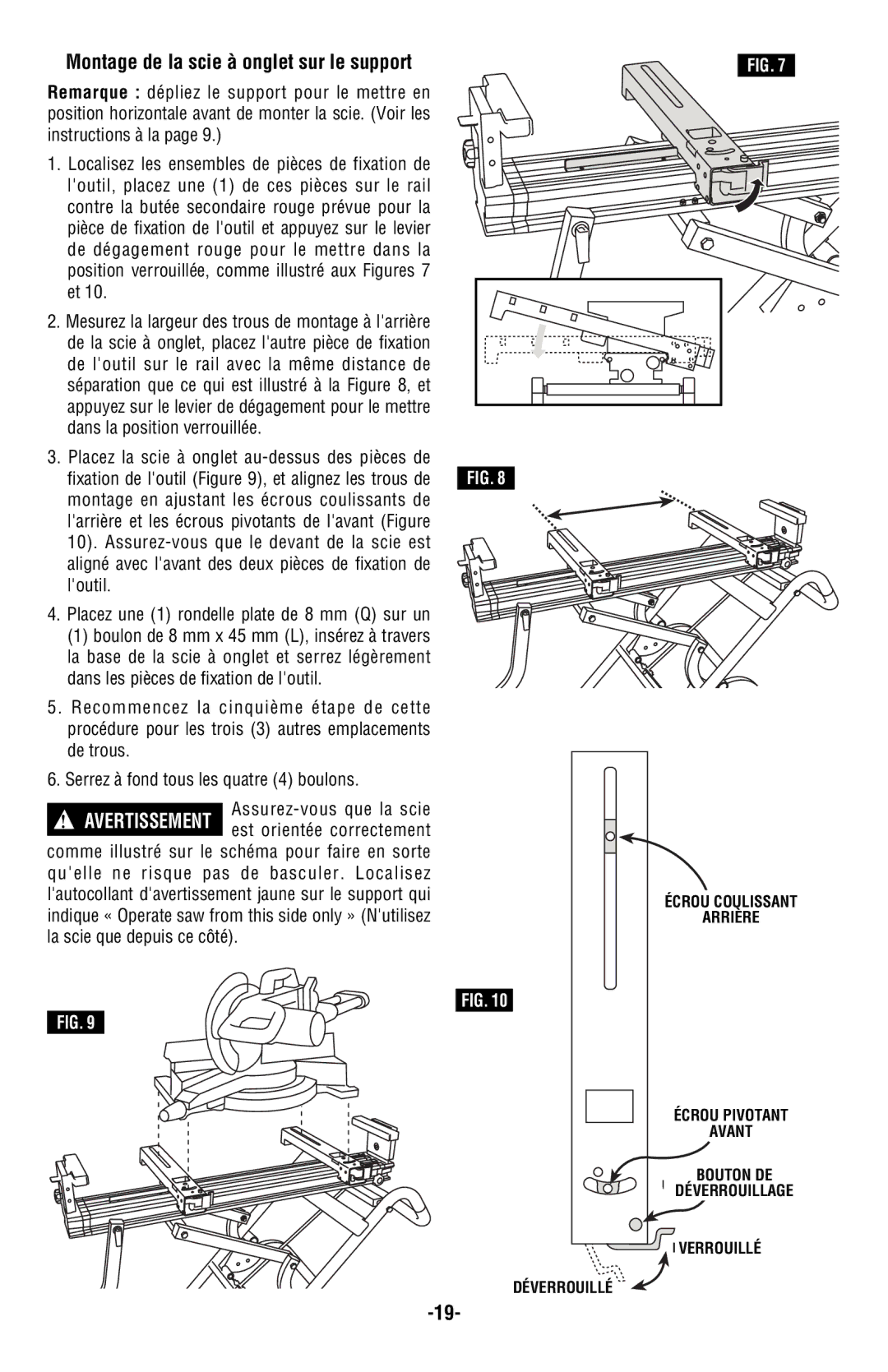 Bosch Power Tools T4B manual Montage de la scie à onglet sur le support, Montage en ajustant les écrous coulissants de 