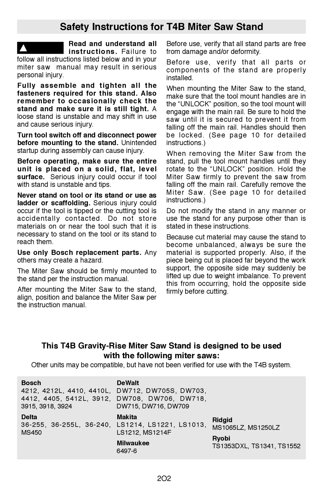 Bosch Power Tools manual Safety Instructions for T4B Miter Saw Stand, Bosch DeWalt, Delta Makita Ridgid 