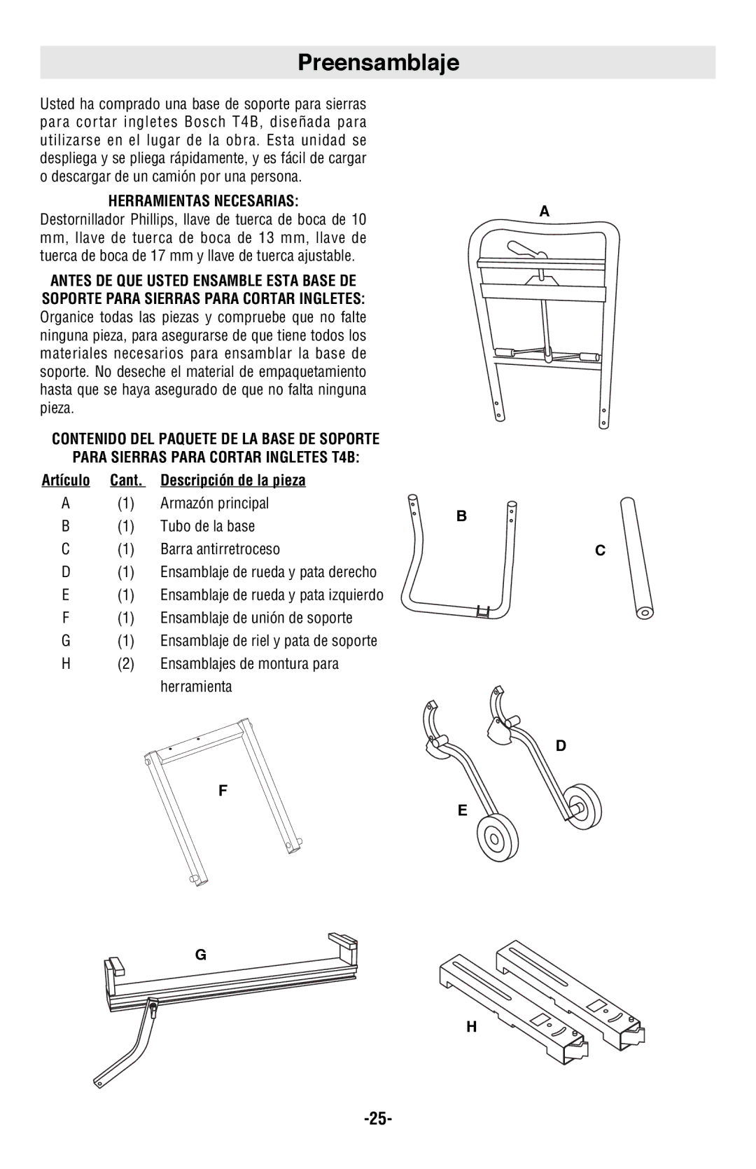 Bosch Power Tools T4B manual Preensamblaje, Herramientas Necesarias, Descripción de la pieza 