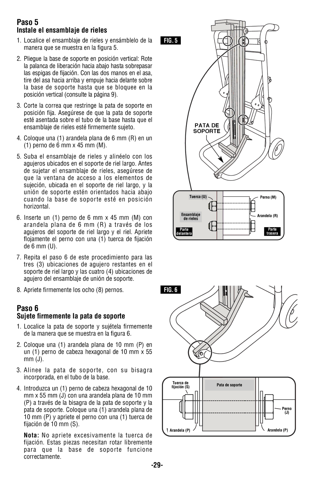 Bosch Power Tools T4B manual Instale el ensamblaje de rieles, Sujete firmemente la pata de soporte, Perno de 6 mm x 45 mm M 