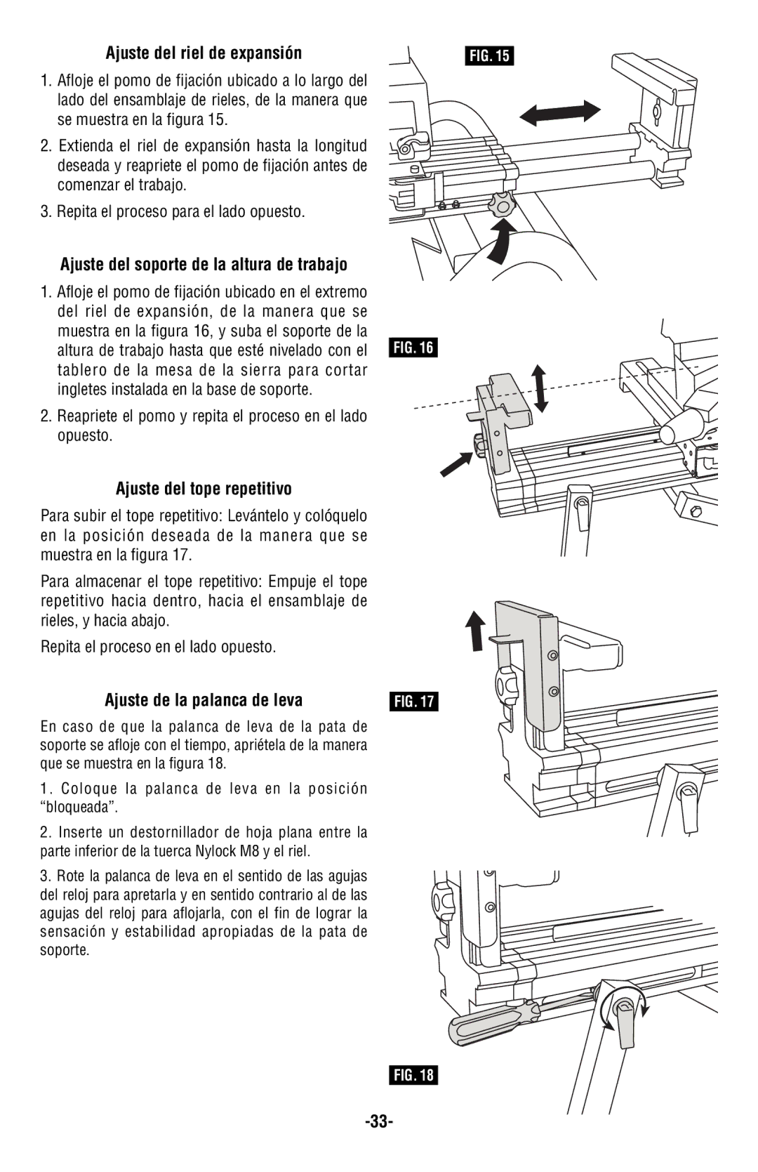 Bosch Power Tools T4B Ajuste del soporte de la altura de trabajo, Ajuste del tope repetitivo, Ajuste de la palanca de leva 