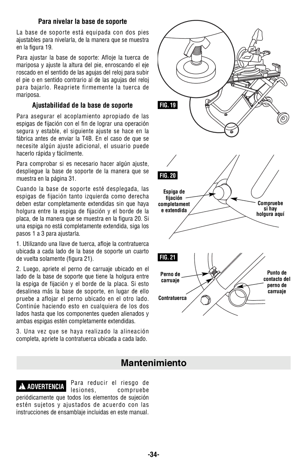 Bosch Power Tools T4B manual Mantenimiento, Para nivelar la base de soporte, Ajustabilidad de la base de soporte 