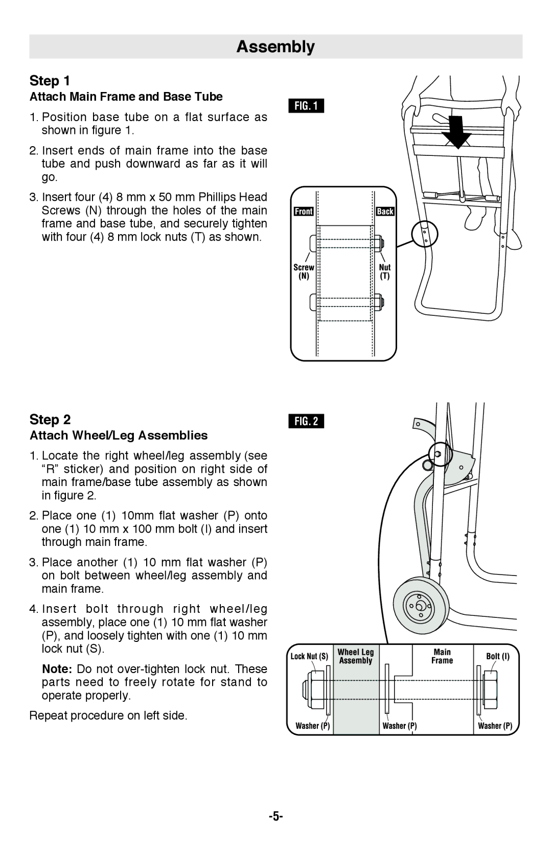 Bosch Power Tools T4B manual Assembly, Step, Attach Wheel/Leg Assemblies, Attach Main Frame and Base Tube 