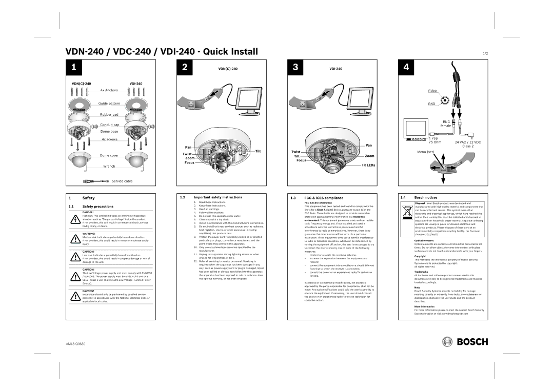 Bosch Power Tools VDN-240 important safety instructions Safety precautions, Twist Tilt Zoom Focus, FCC & Ices compliance 