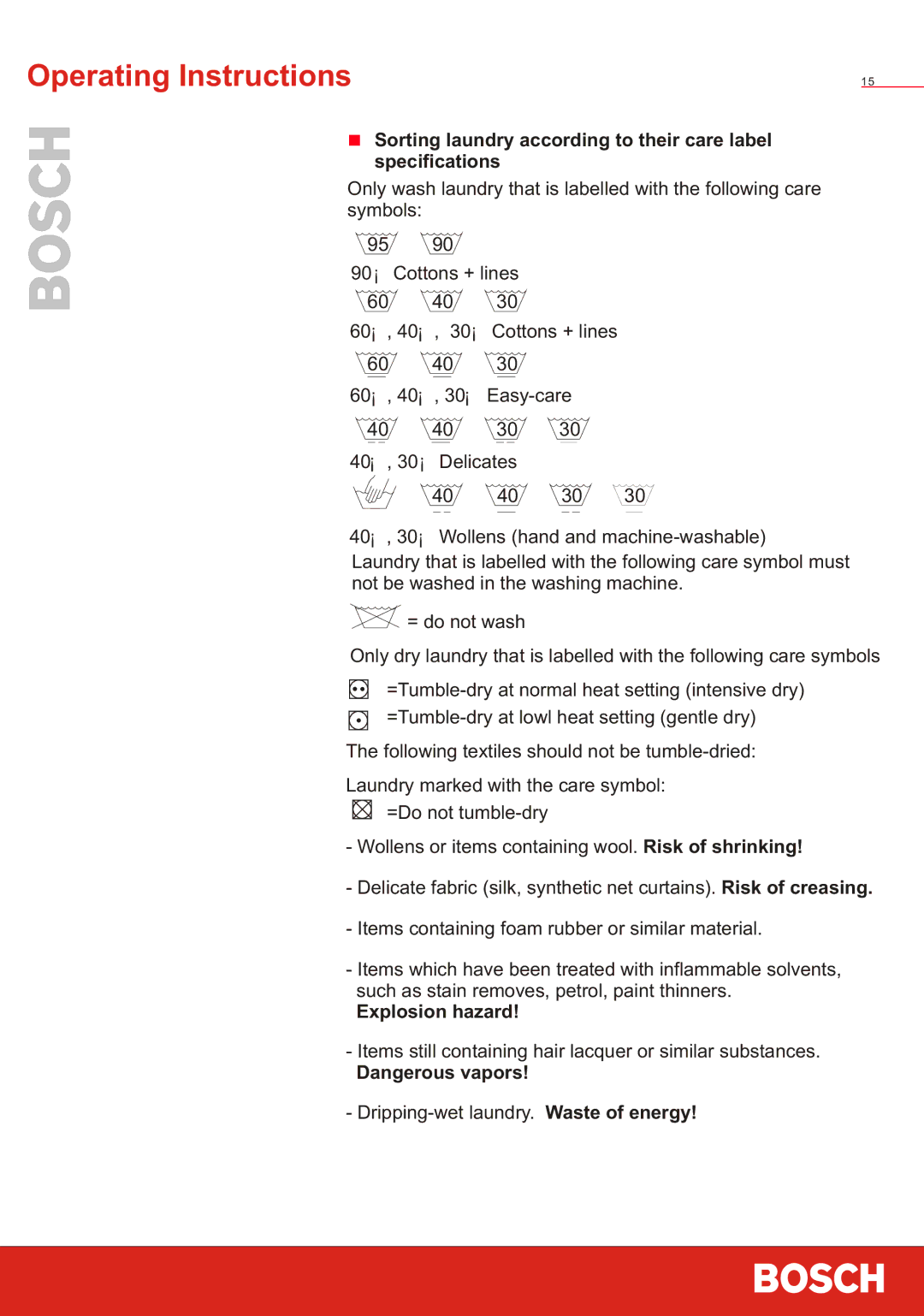 Bosch Power Tools WVT 52458 Sorting laundry according to their care label specifications, Explosion hazard 