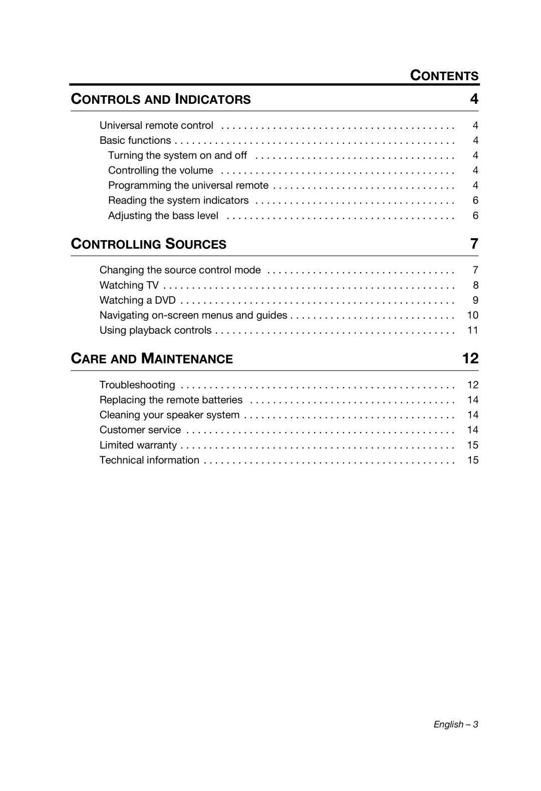 Bose 1 SR manual Contents 