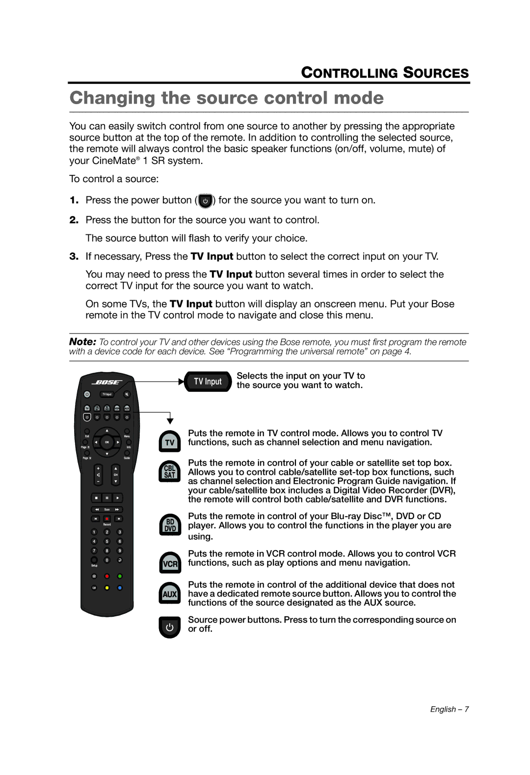 Bose 1 SR manual Changing the source control mode 