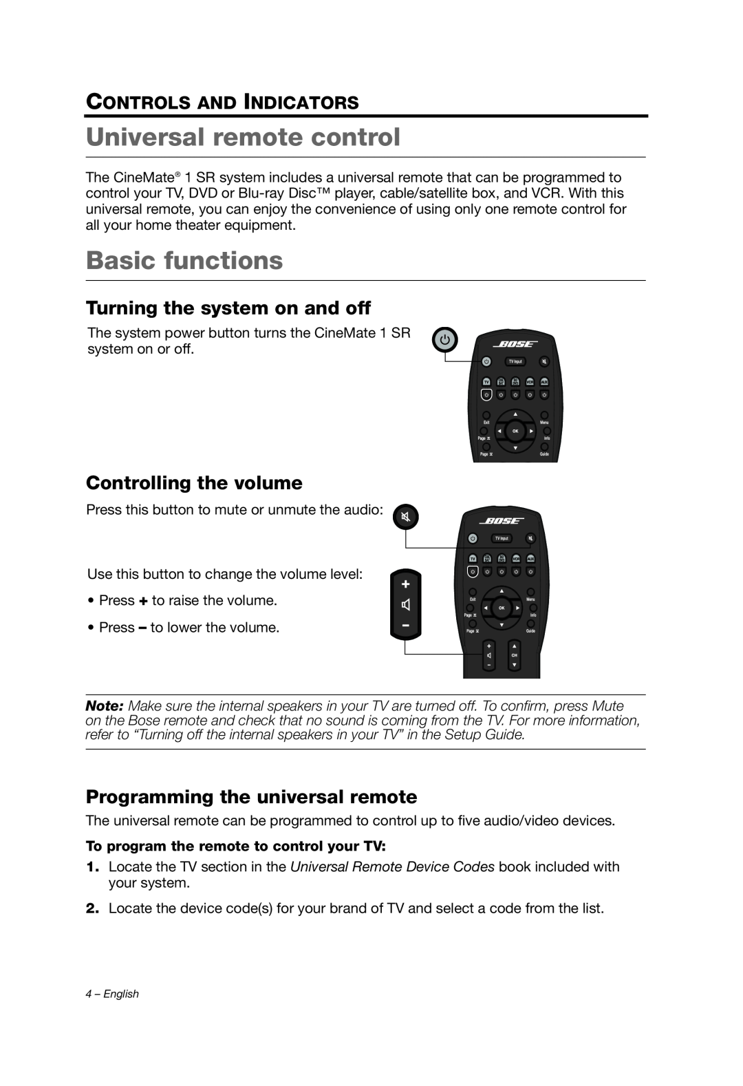 Bose 1 SR manual Universal remote control, Basic functions, Turning the system on and off, Controlling the volume 