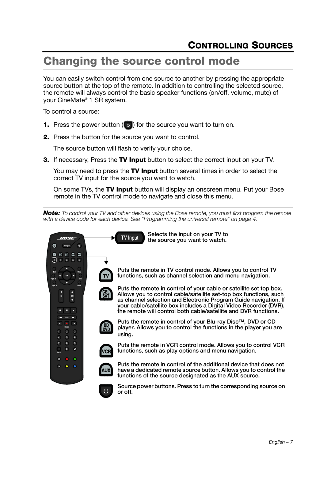 Bose 1 SR manual Changing the source control mode, Controlling Sources 