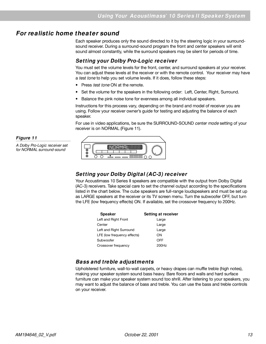 Bose 10 Series II For realistic home theater sound, Setting your Dolby Pro-Logic receiver, Bass and treble adjustments 