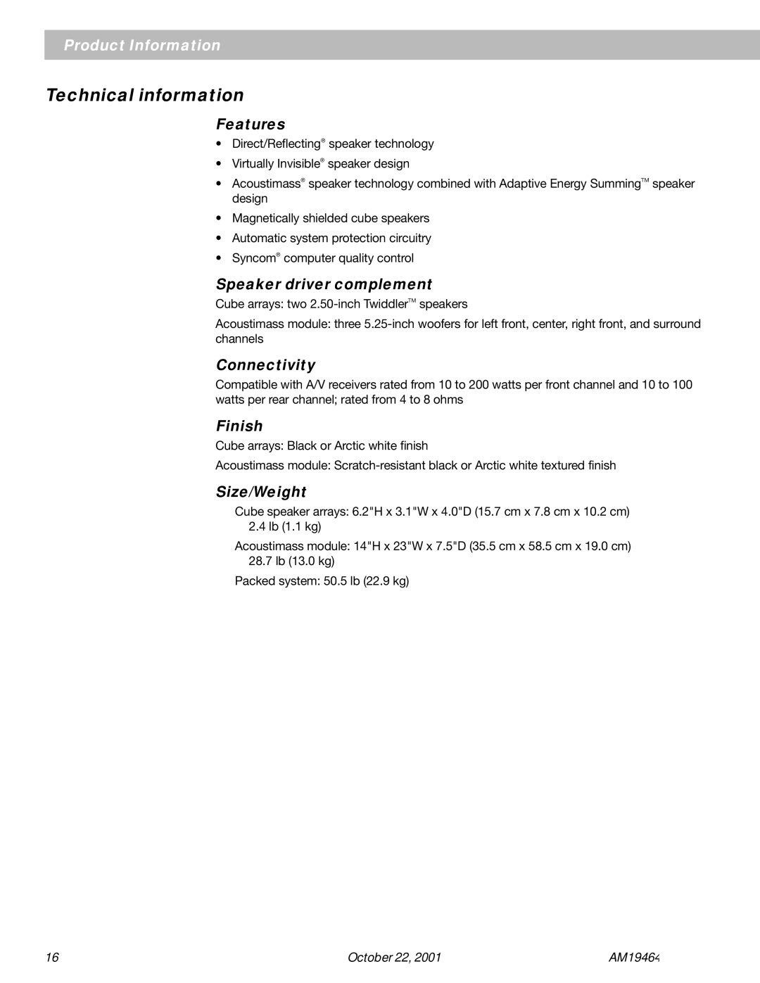 Bose 10 Series II manual Technical information 