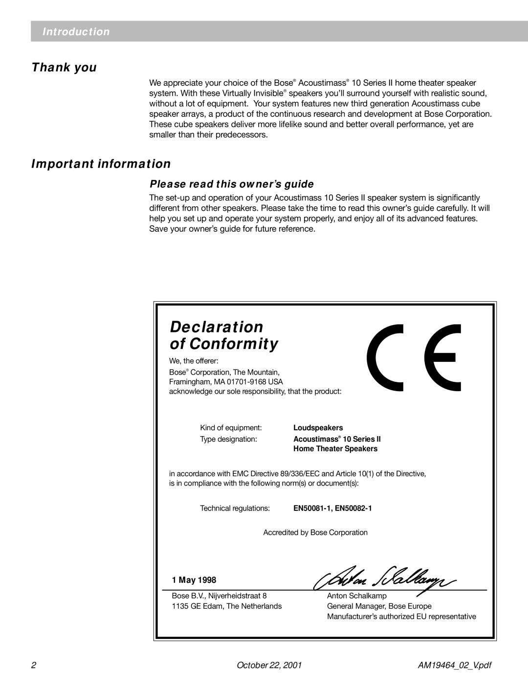 Bose 10 Series II manual Thank you, Important information, Please read this owner’s guide 