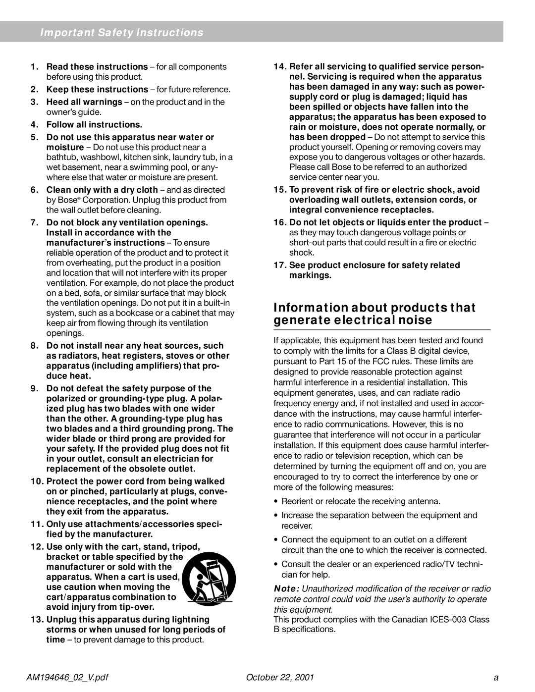 Bose 10 Series II manual Information about products that generate electrical noise 