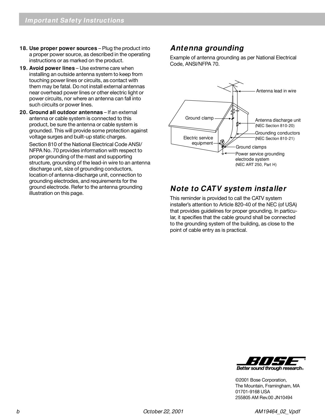 Bose 10 Series II manual Antenna grounding 