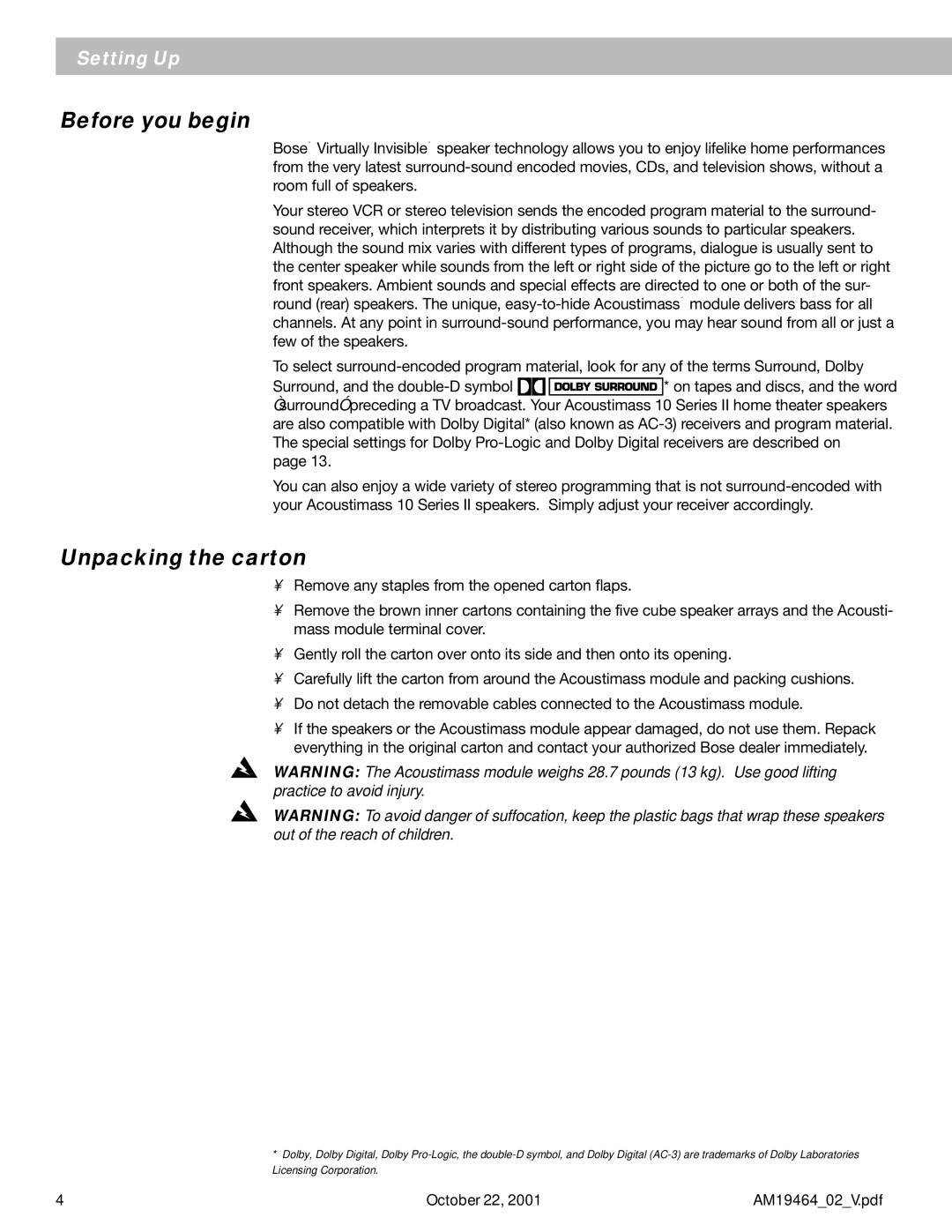 Bose 10 Series II manual Before you begin, Unpacking the carton 