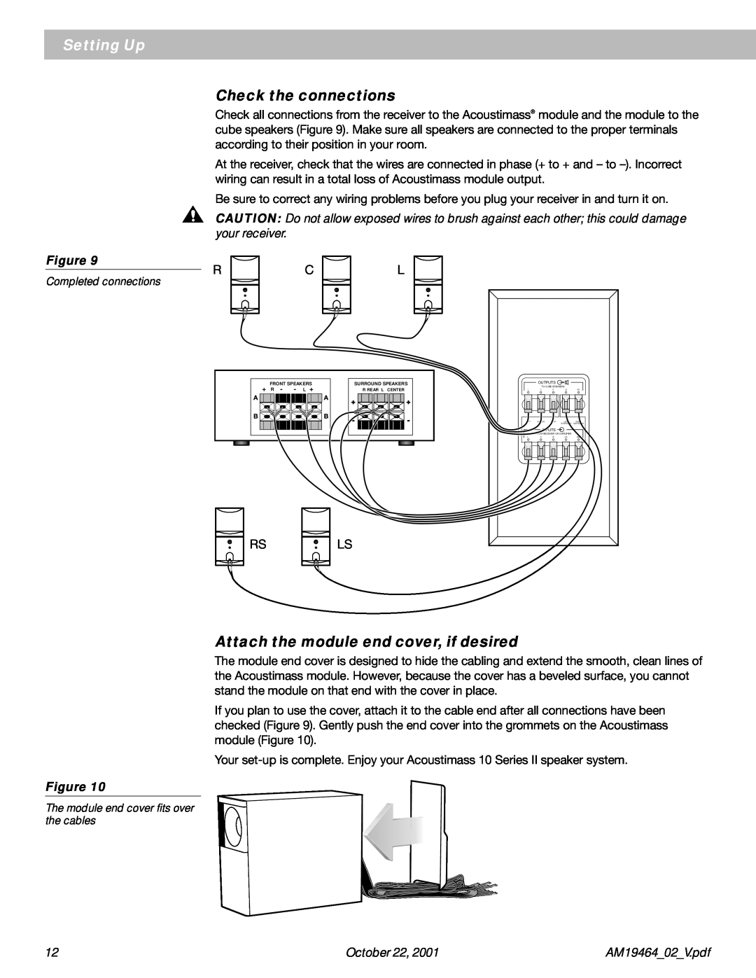 Bose 10 Series II manual Setting Up, Check the connections, Attach the module end cover, if desired, October 