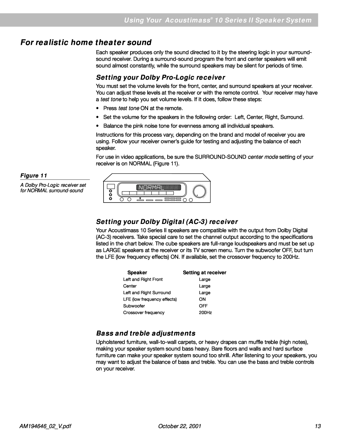 Bose 10 Series II manual Setting your Dolby Pro-Logicreceiver, Setting your Dolby Digital AC-3receiver, October 