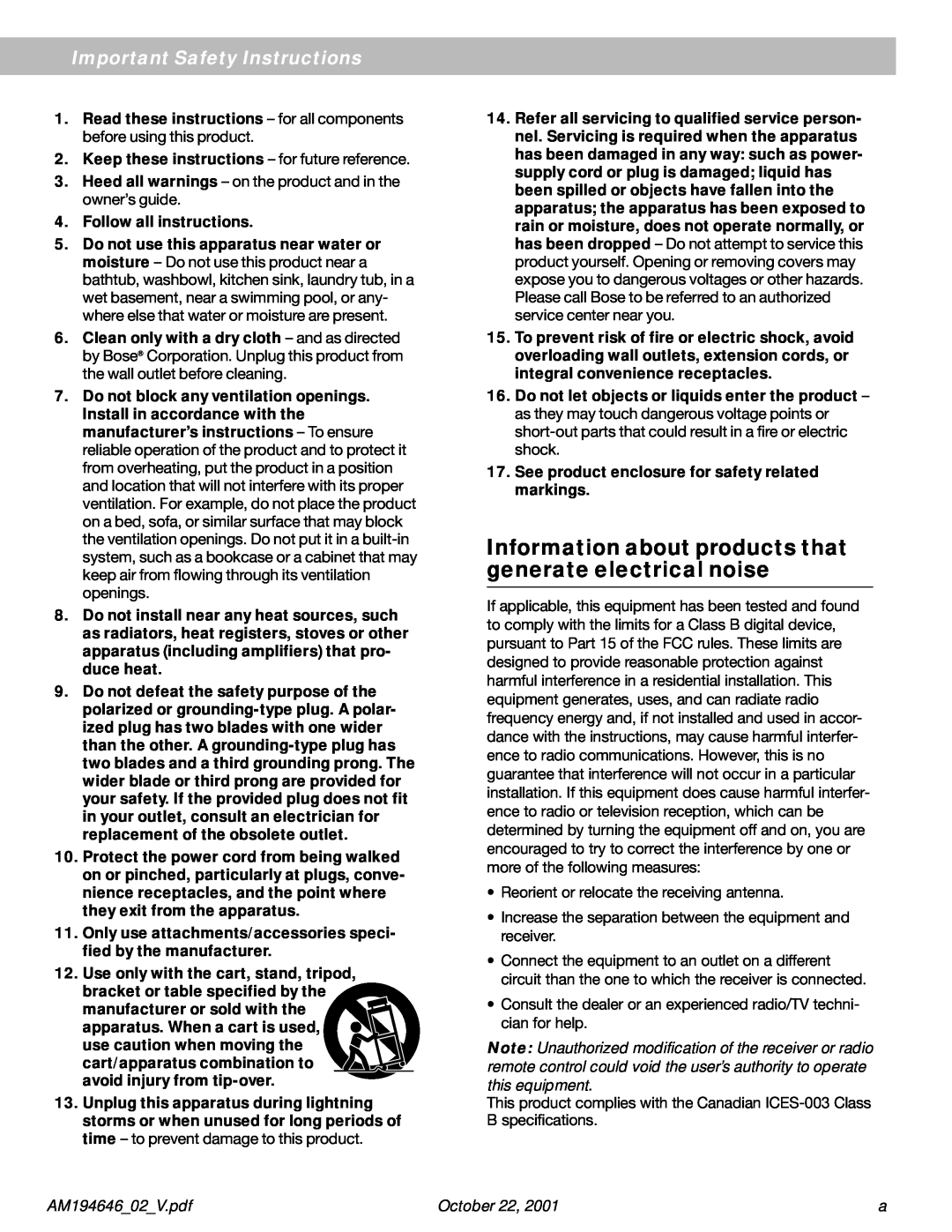 Bose 10 Series II manual Important Safety Instructions, October 
