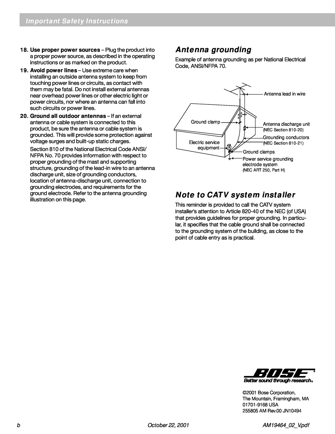 Bose 10 Series II manual Antenna grounding, Note to CATV system installer, Important Safety Instructions, October 