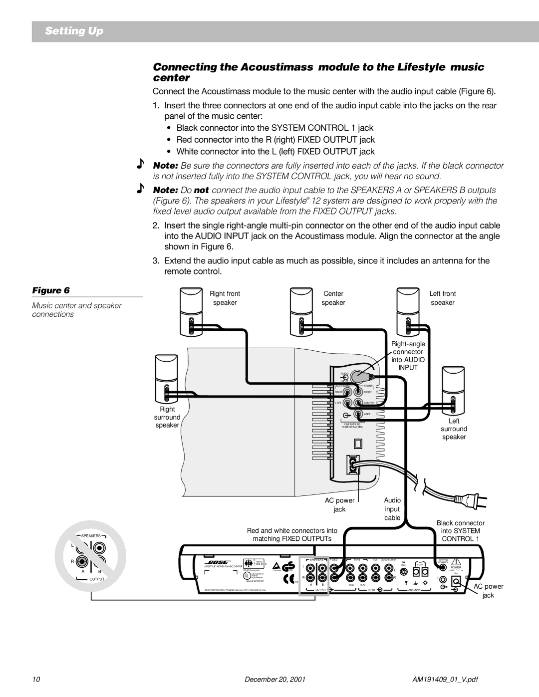 Bose 12 manual Music center and speaker connections 