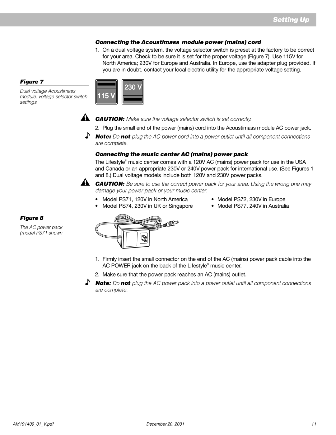 Bose 12 manual Connecting the Acoustimass module power mains cord, Connecting the music center AC mains power pack 