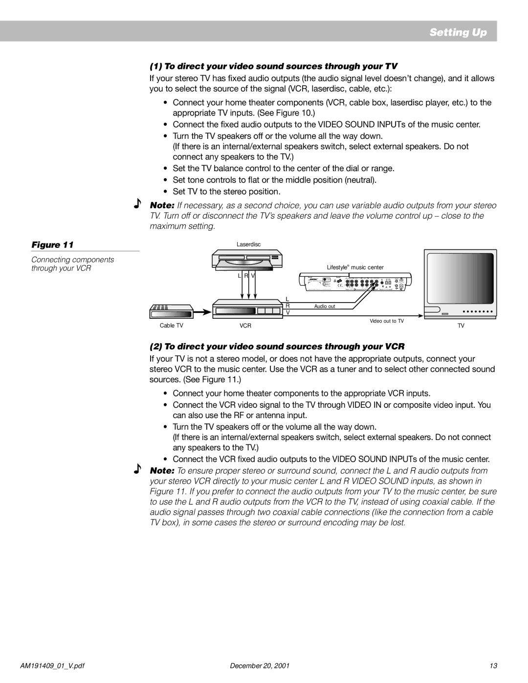 Bose 12 manual To direct your video sound sources through your TV, To direct your video sound sources through your VCR 