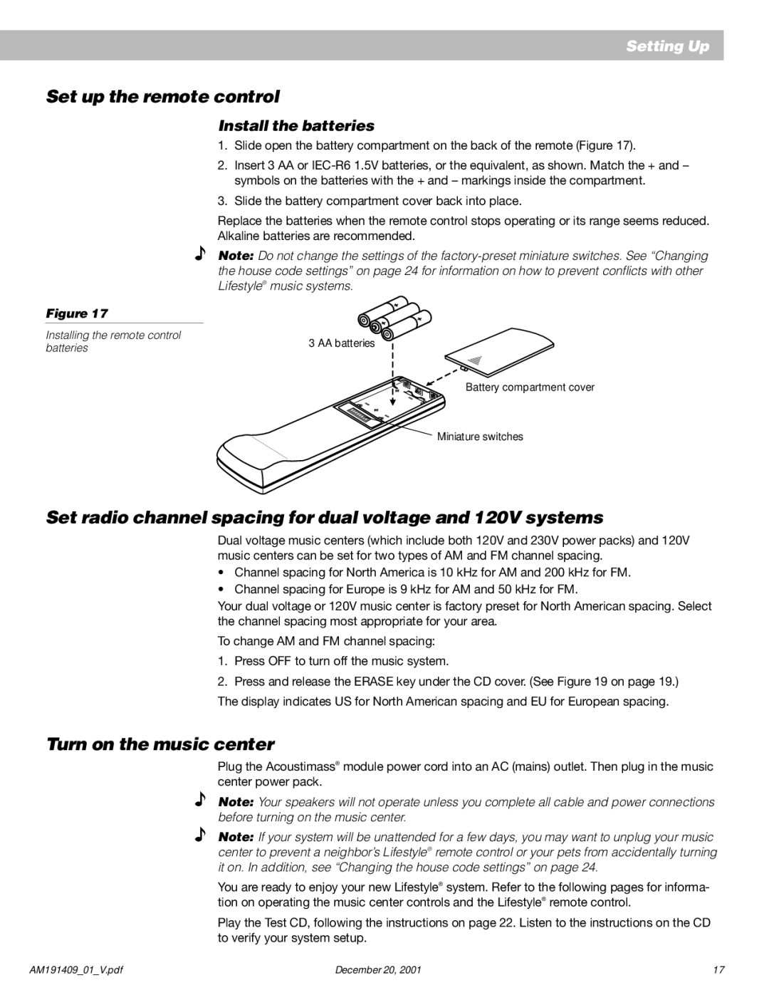 Bose Set up the remote control, Set radio channel spacing for dual voltage and 120V systems, Turn on the music center 