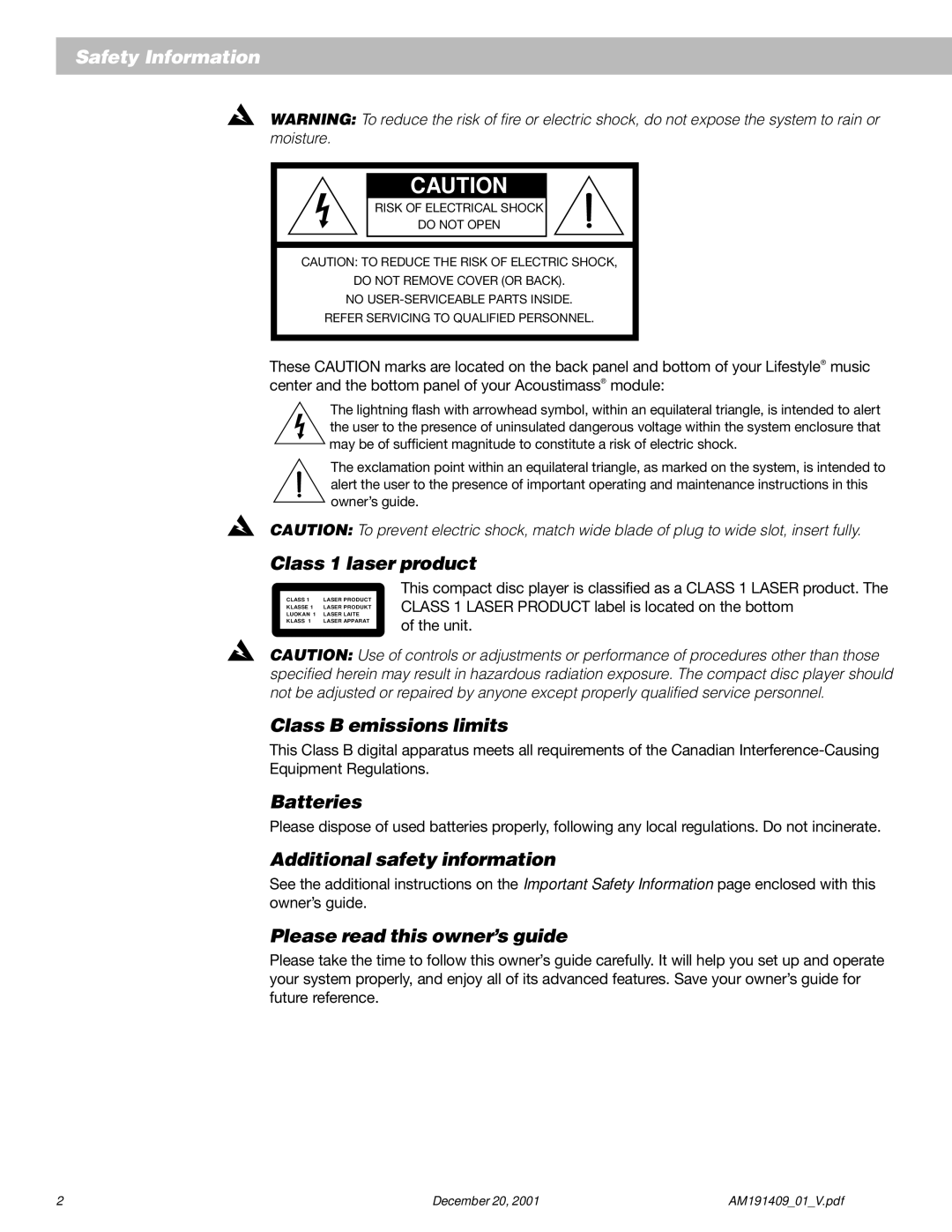 Bose 12 manual Class 1 laser product, Class B emissions limits, Batteries, Additional safety information 