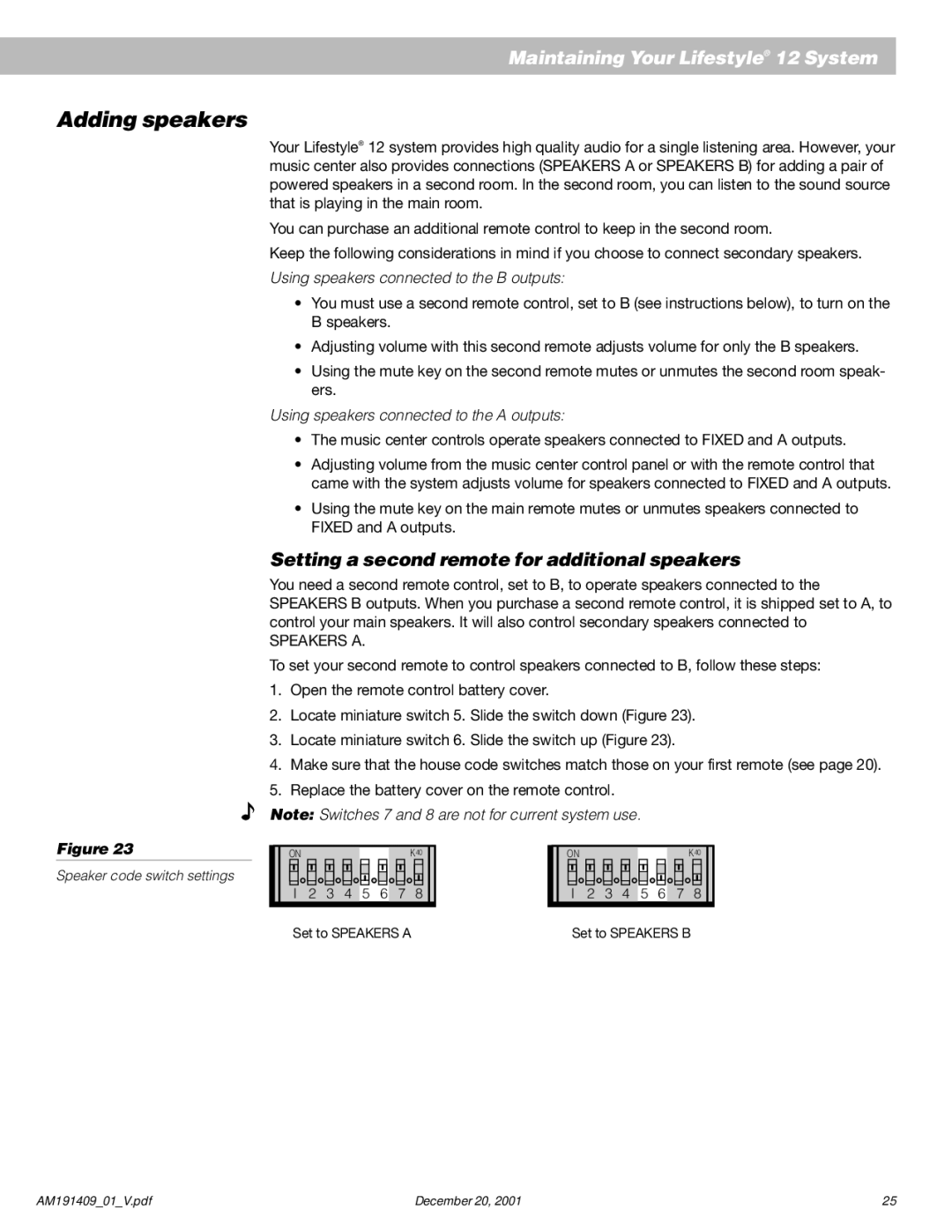 Bose 12 manual Adding speakers, Setting a second remote for additional speakers 