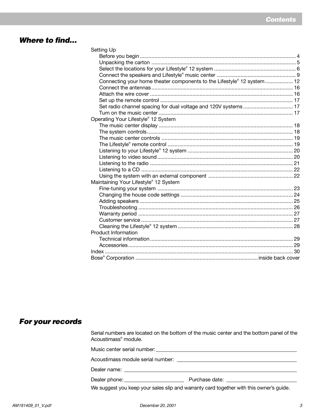 Bose 12 manual Where to find…, For your records 