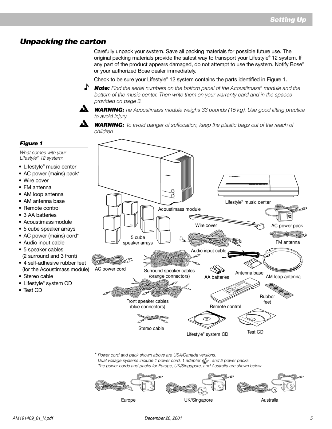 Bose 12 manual Unpacking the carton, Stereo cable Test CD 