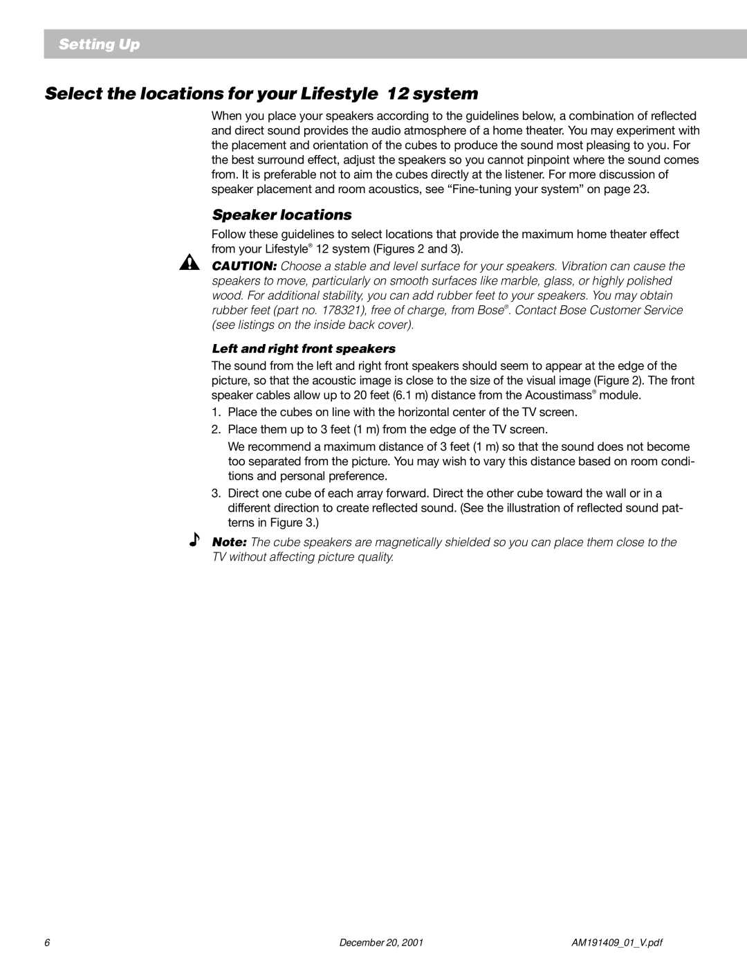 Bose manual Select the locations for your Lifestyle 12 system, Speaker locations, Left and right front speakers 