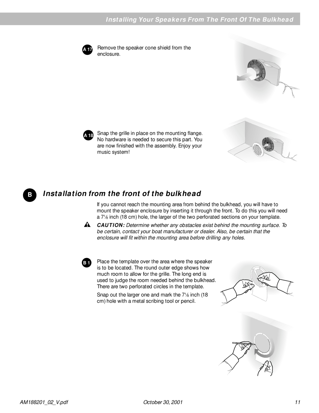 Bose 131 manual Installation from the front of the bulkhead, Installing Your Speakers From The Front Of The Bulkhead 