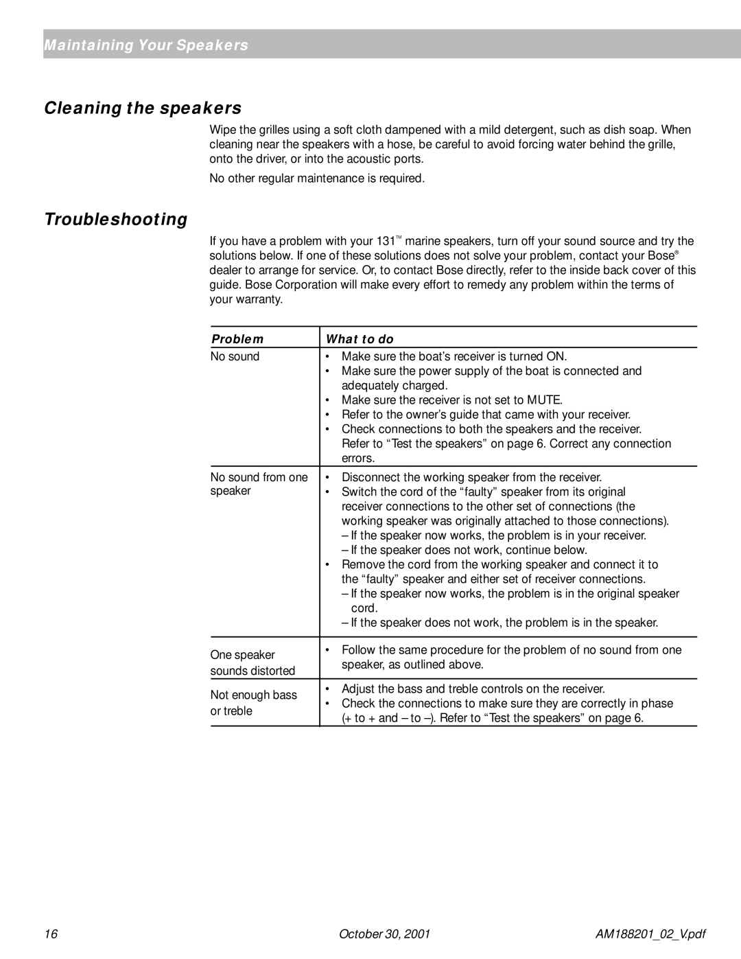 Bose 131 manual Cleaning the speakers, Troubleshooting 