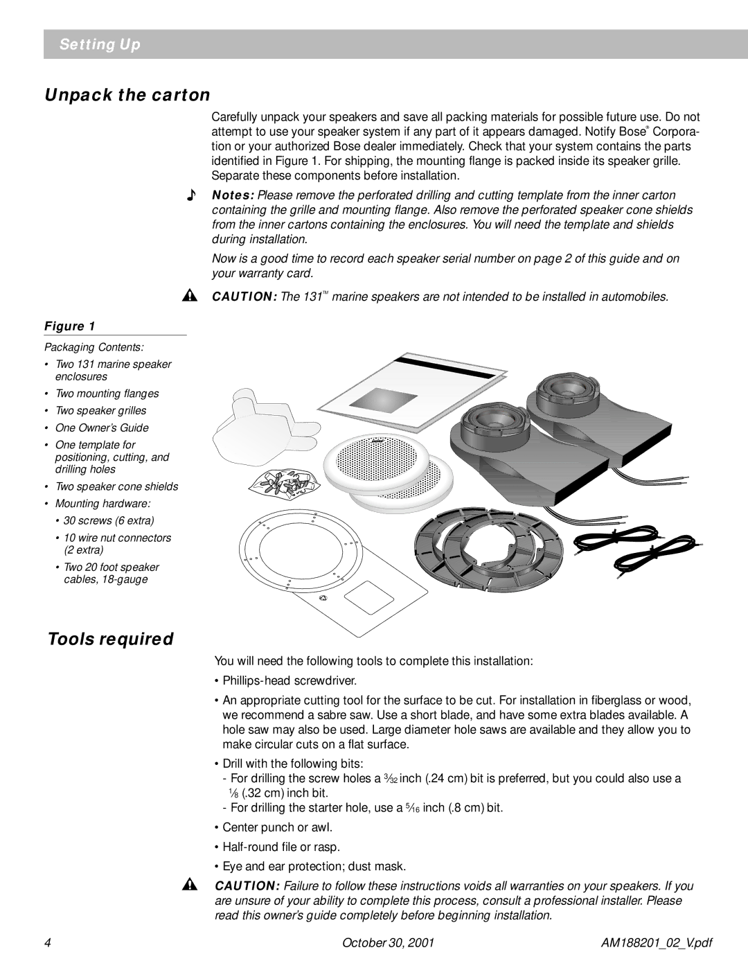 Bose 131 manual Unpack the carton, Tools required 